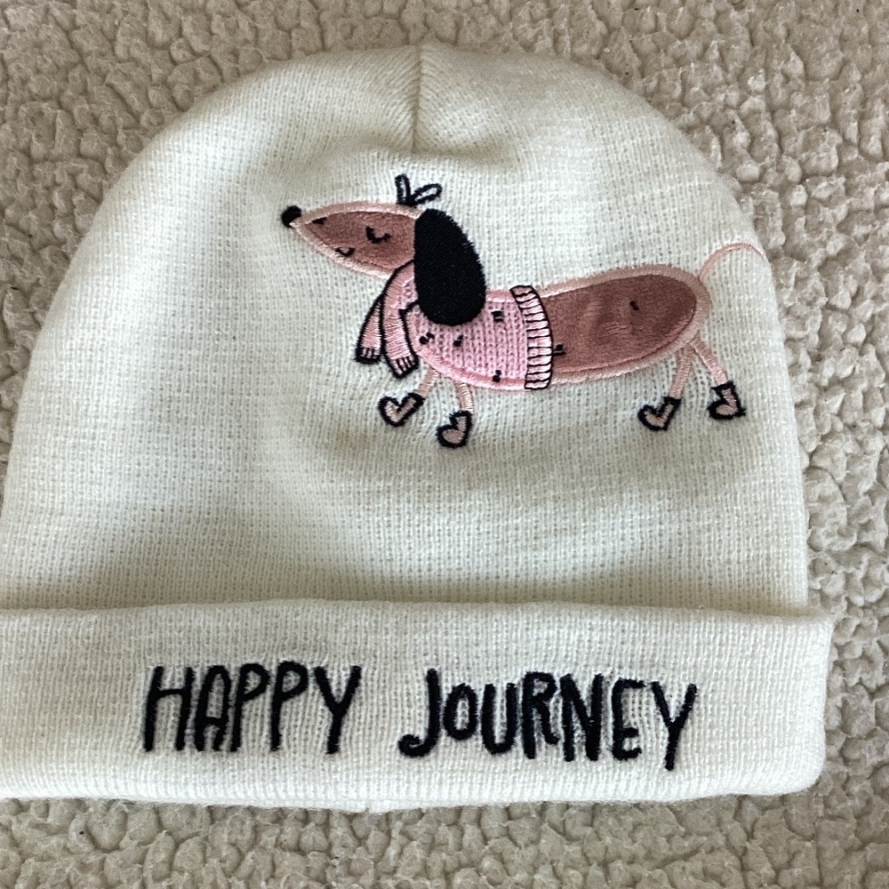 Kids Beanie - White with Pink Dog Design